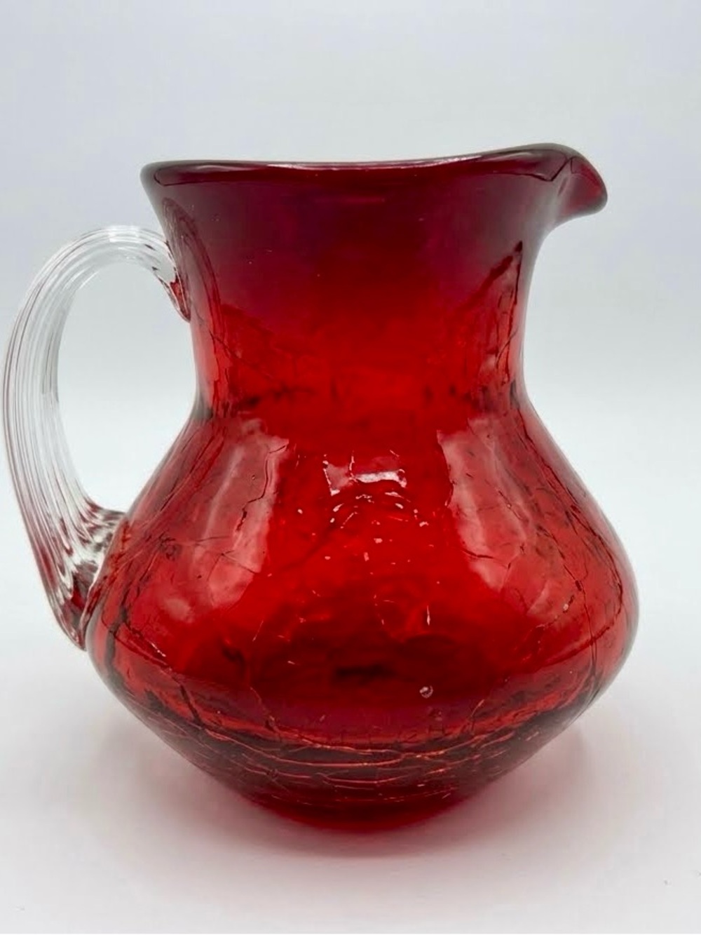 Kanawha Red Crackle Glass Pitcher 4 Inch Clear Handle Mid Century